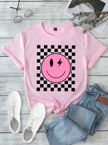 Áo thun nữ tay ngắn họa tiết mặt cười và bàn cờ - Màu Hồng baby - Xem 3