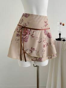 Elamini 复古花卉印花前系带低腰性感 A 字形荷叶边下摆半身裙 - 彩色 - 查看 1