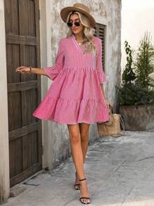 SHEIN Clasi Abito casual con colletto a tacca, stampa a righe e volant sul fondo