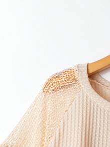 SHEIN VCAY Áo thun cổ tròn màu mơ cỡ lớn, Áo tay tua rua lưới, Áo thun dệt kim rộng rãi, Ngày của Mẹ, Mùa hè dành cho phụ nữ, Bãi biển, Mùa hè dành cho phụ nữ, Mùa hè Boho, Phụ nữ Boho, Bữa sáng muộn dành cho phụ nữ, Sân bay dành cho phụ nữ, Kỳ nghỉ bãi biển, Kỳ nghỉ ngắn ngày, Kỳ nghỉ lễ, Tiền cũ, Áo tua rua, Lễ hội tháng Mười, Lễ hội tháng Mười - Màu be - Xem 3