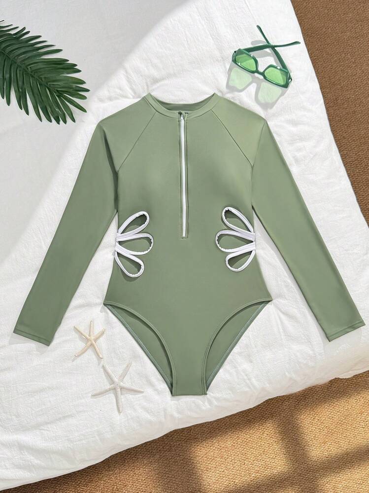 SHEIN 少女花卉镂空插肩袖连体泳衣 - 綠色 - 查看 4