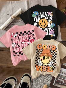 SHEIN Leap Crew 3pcs/Set Tween Girls' Casual Plaid Smiling Face Graphic T-Shirts In Black, Pink, Khaki, Cute Cartoon Pattern, Summer - Multicolor - View 1