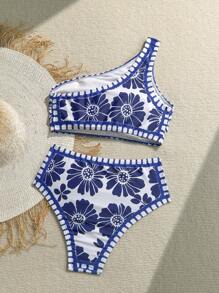 Soleia 2 件女式波西米亚风格蓝色和米色贝壳印花沙滩泳衣上衣和下装套装，适合夏季度假，蓝白图案印花，适合复活节、度假、休闲、波西米亚、西部、音乐节、女士节日吊带泳装、婚礼服装 - 彩色 - 查看 2