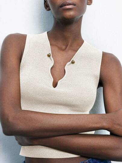 Maija 女式象牙色夏季休闲无袖 V 领罗纹针织背心，性感时尚，适合办公室/商务穿着