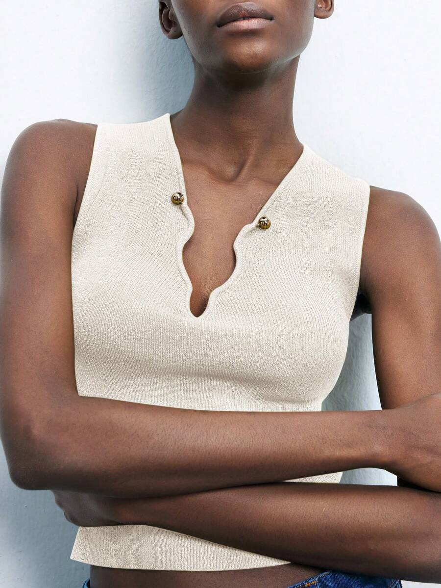 Maija Women's Ivory Color Casual Sleeveless V-Neck Ribbed Knit Tank Top,Sexy&Fashionable Wear For Office/Business,Autumn Outfits For Women, Casual Blouses For Ladies - White - View 1