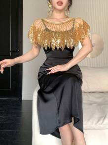 DAZY 女士优雅修身婚礼/宴会礼服套装，饰有闪亮亮片、网纱披肩、缎面和绉纱吊带连衣裙，适合返校节、舞会、新年等场合，也可作为女士嘉年华闪亮礼服穿着。 - 黑色 - 查看 8