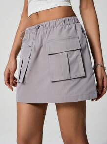 SHEIN EZwear 翻蓋口袋腰部抽繩工裝裙 - 灰色 - 查看 4