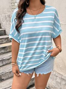 SHEIN LUNE Plus Size Striped Print Round Neck Short Sleeve T-Shirt, Suitable For Summer - Blue - View 4
