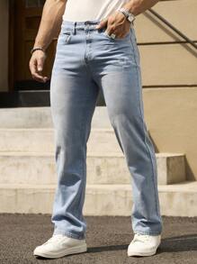 Manfinity Homme Men's Casual Everyday Washed Angled Pocket Denim Jeans - Light Wash - View 1