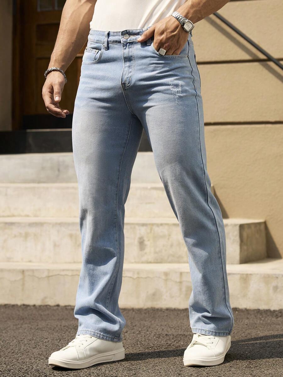 Manfinity Homme Men's Casual Everyday Washed Angled Pocket Denim Jeans - Light Wash - View 1