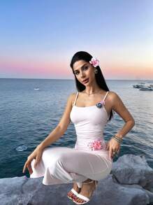 SHEIN Privé Women's Pink 3D Flower Large U-Neck Pleated Side Slit Slim Suspender Midi Dress, Sexy Romantic Dress, Summer Vacation Dress, 3D 3D Flower Dress, Elegant, Sexy, Vacation, Beach, Hawaii, Romance, Dating, Wedding Season, Back To School, Music Festival