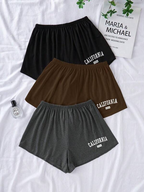 Shein Underwear&Sleepwear Basics Set de 3 pantalones cortos informales con estampado de letras, cintura elástica, para estar en casa y dormir