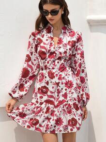 GENKIRA Vestido con estampado floral, mangas de linterna y volantes en el bajo para vacaciones para mujer - Burdeos - Ver 5