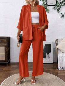 SHEIN Franclia Bộ đồ thường ngày bằng vải lanh pha trộn: Áo khoác blazer & Quần cạp rút - Rỉ Nâu - Xem 6