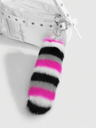Anime 1 pieza Cadena de llave y llavero con accesorio tipo cola de animal de piel sintética de lujo a rayas multicolor con estilo Y2K, accesorio para bolso, adecuado para mujeres, regalo para días festivos
