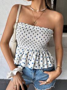 Chiquease 度假休闲纯色海军蓝和白色圆点荷叶边露肩荷叶边背心，搭配褶饰裙 - 藍白色 - 查看 4