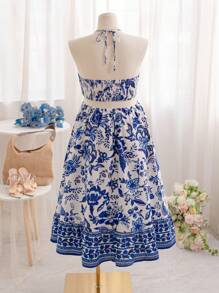 Dreamara Plus Size Women Sleeveless Halter Waist Floral Print Maxi Dress, Beach Vacation, Spring & Autumn - Blue and White - View 2