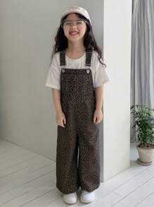 Dazy Kids (小号) 女童豹纹休闲宽松街头风牛仔背带裤和连体裤，夏季 - 咖啡棕 - 查看 3