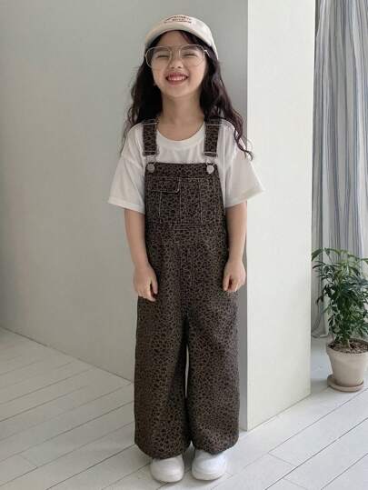 Dazy Kids (小号) 女童豹纹休闲宽松街头风牛仔背带裤和连体裤，夏季