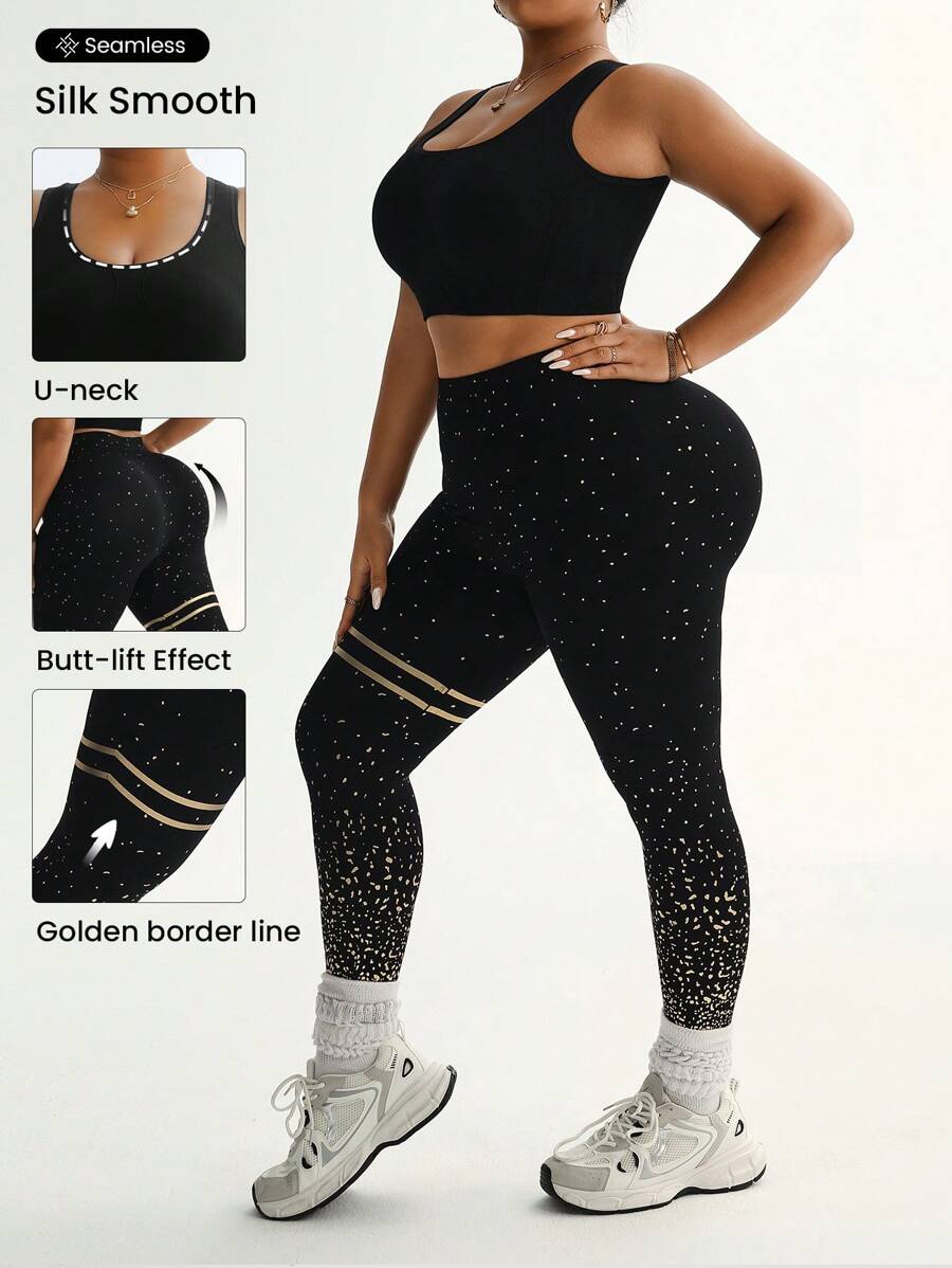 Easithlete Conjunto de sujetador sin costuras y mallas chapadas en oro para mujeres de talla grande - Negro - Ver 1