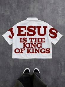 Manfinity EMRG Áo sơ mi ngắn tay in khẩu hiệu Chúa Jesus thường ngày - trắng - Xem 5