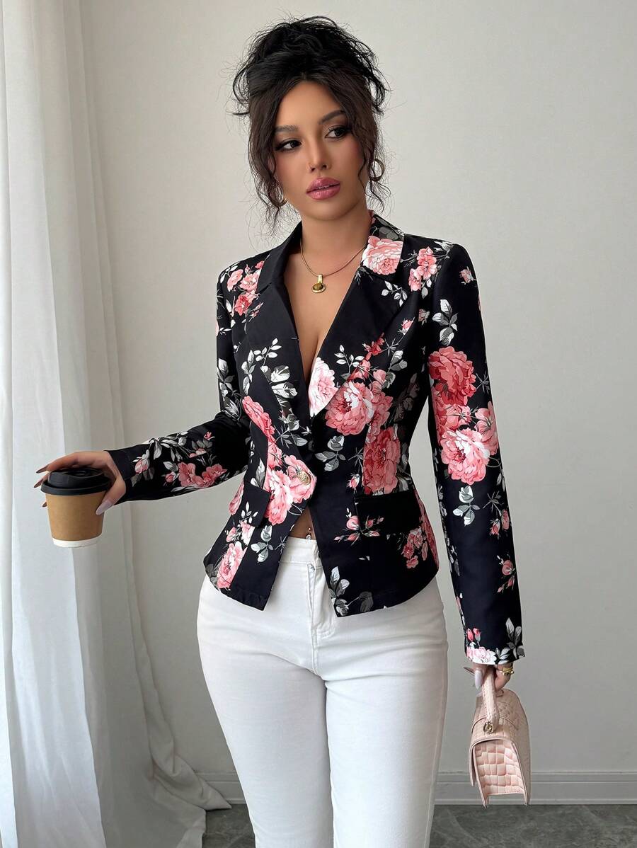 Elenzga Printed Simple Elegant Lady's Suit Jacket, Minimalist Fashion Suitable For Summer Fall Cloth For Women - Black - View 1