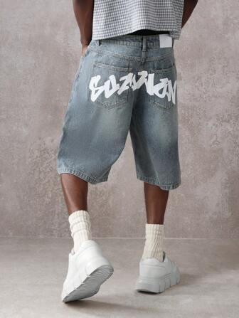 SUMWON Designer Baggy Denim Shorts Vintage Graffiti Print Back Pocket Summer Streetwear Distressed Wide Leg Knee Length Casual Urban Retro Y2K Fashion Jorts