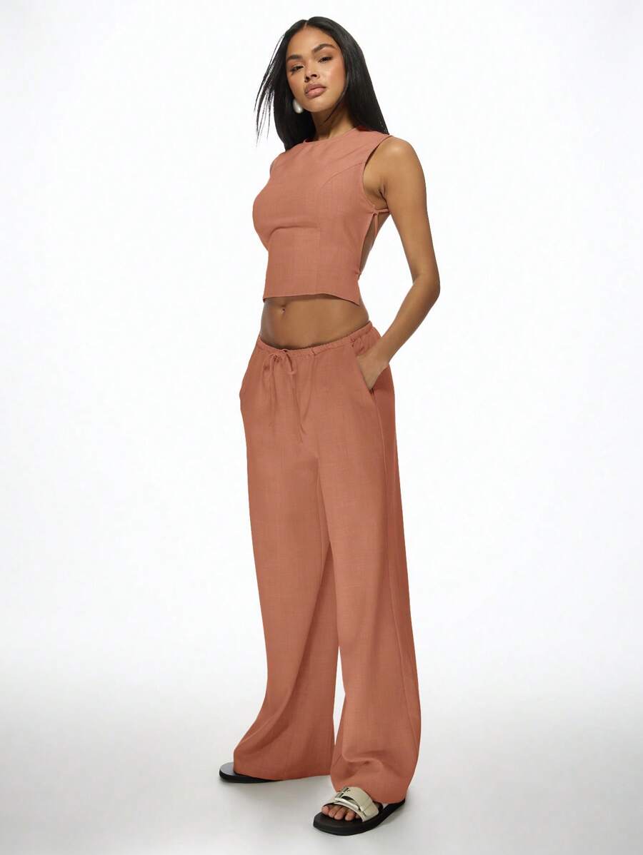 MISSGUIDED Summer Linen Feel Backless Co-Ord Set Wide Leg Palazzo Pants Crop Top Casual Beach Resort Festival Vacation Two Piece Outfit Loungewear Christmas - Red - View 1
