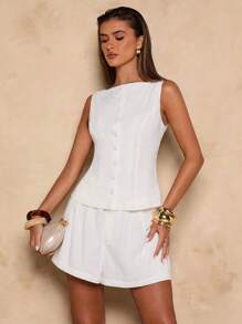 SHEIN BAE 女士夏季白色休闲度假通勤单排扣无袖衬衫和短裤休闲两件套，女士夏季服装，女士夏季服装 - 卡其色 - 查看 3