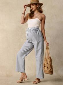 SHEIN Comfortable 100% Cotton Maternity Pants: Blue Striped Casual Long Woven Fabric Drawstring Pants For Everyday Wear