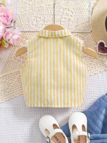 SHEIN Leap Crew Babygirl 可爱条纹扭纹无袖上衣，夏季百搭 - 黃色 - 查看 7