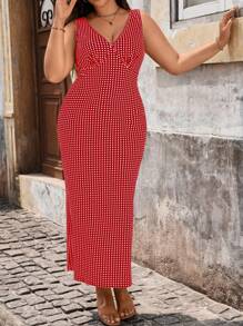 Đầm không tay cổ chữ V sâu chấm bi thanh lịch cho nữ cỡ lớn - Đỏ - Xem 4