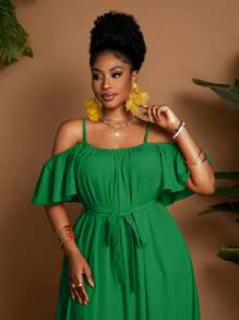 Maweii Plus Size Summer Elegant Off-Shoulder Ruffled Hem Dress - Dark Green - View 2