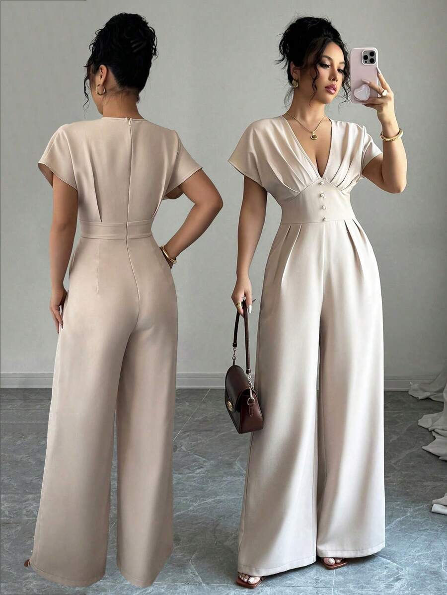 Rafferiza Women's Deep V-Neck Ruched Elegant Wide Leg Solid Color Jumpsuit - Apricot - View 1