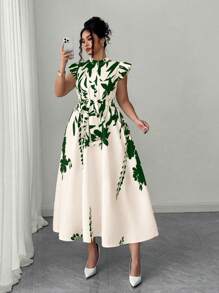 Elenzga Plus Size Floral Print Ruffle Trim Maxi Dress,Apricot Background With Black Flowers,Elegant And Sexy,Flaunts Figure Curve, Suitable For Vacation, Beach Party, Picnic, Casual Outing, Suitable For Spring/Summer