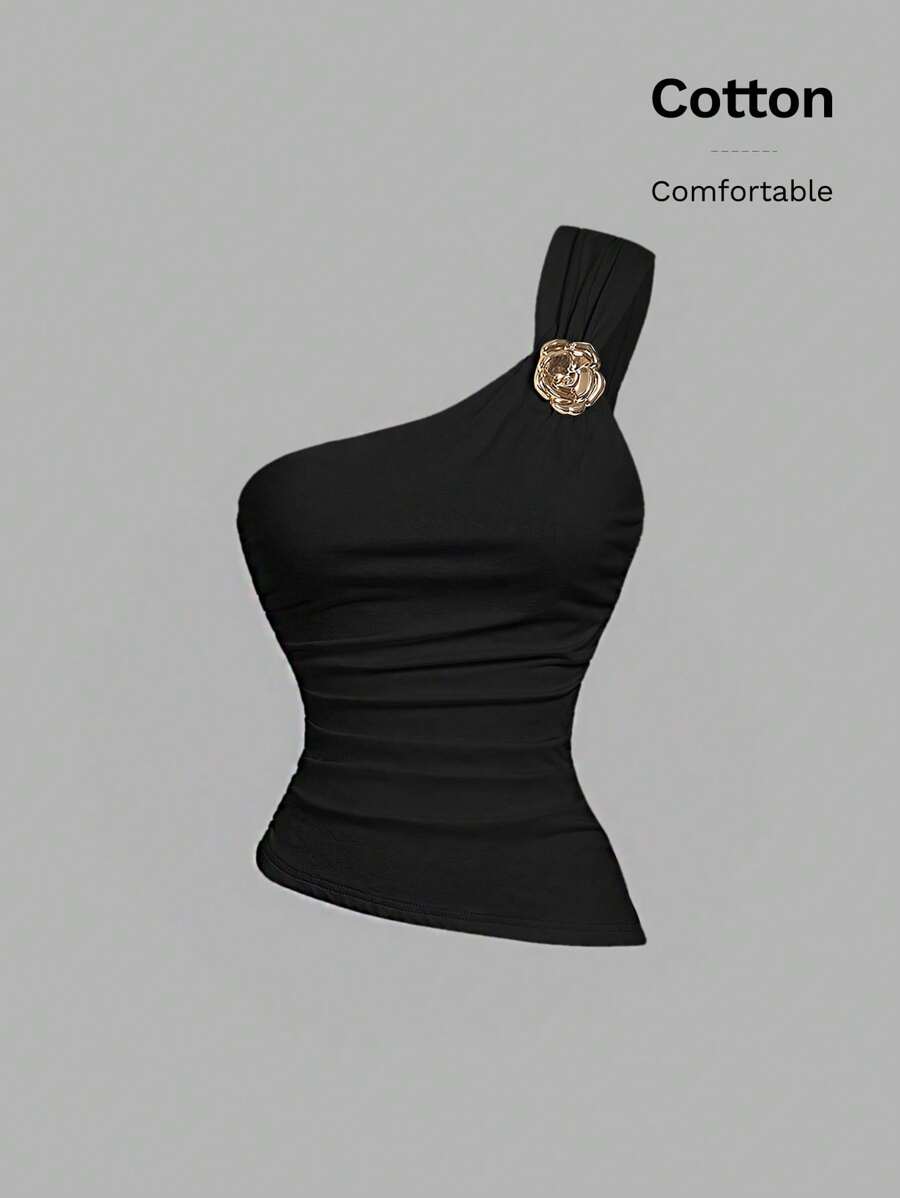 SHEIN MOD Women's Black Color Ruched Hem Gold Brooch Decor Asymmetrical Neck Tank Top, Party Wear,Sparkle Top,New Years Women - Black - View 1
