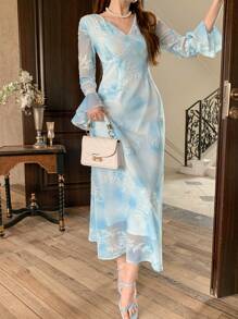 DAZY V-Neck Lace 3D Floral Decor Flare Sleeve Elegant Chiffon Dress, Light Blue,Fall Dress Long Sleeve Dress
