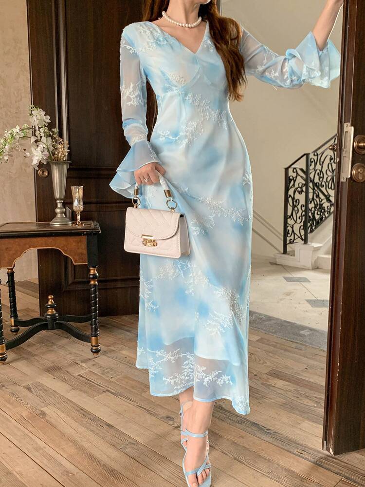 V-Neck Lace 3D Floral Decor Flare Sleeve Elegant Chiffon Dress, Light Blue, Fall Dress Long Sleeve Dress