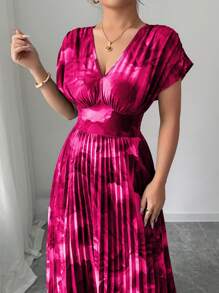 Elenzga Women's Random Printed Elegant Waistband Fitted Pleated Dress, Fashionable Holiday Style - Pink - View 6