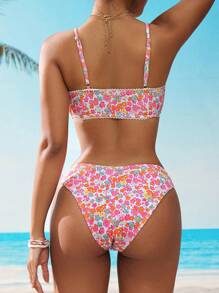 SHEIN Swim Summer Beach Vacation Sweet Ditsy Floral Adjustable Spaghetti Strap Cropped Tank Bikini Set For Women - Orange - View 2