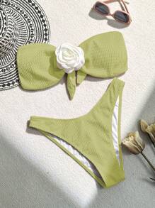 SHEIN Swim 女士 3D 花卉装饰抹胸比基尼套装，适合夏季 - 綠色 - 查看 7
