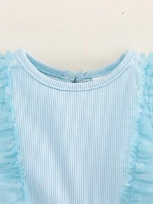 Baby Mädchen elegantes, süßes, leichtgrünes Kleid mit Blumenmuster aus Mesh- und Rippstoff ohne Ärmel in A-Linie, wunderschön und niedlich, geeignet für Frühling/Sommer, Outdoor, Partys, Fotoaufnahmen, Alltagsanlässe - Blau - Übersicht 6