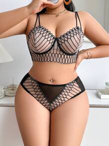 SHEIN 大码单网眼拼接钢圈内衣文胸 - 黑色 - 查看 1