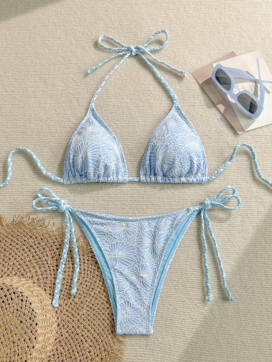 Swim Mod Conjunto de bikini de triángulo con diseño floral azul celeste y cuerda de color contrastante para chica adolescente en vacaciones de verano - Azul - Ver 1