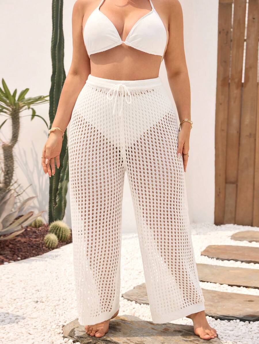 SHEIN VCAY 1 Quần dài hở eo buộc dây cỡ lớn cho kỳ nghỉ hè trên bãi biển dành cho nữ - trắng - Xem 1