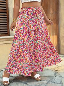 SHEIN VCAY Plus Size Allover Floral Print Ruffle Hem Skirt, Mother Day, Vacation, Rave, Western Wear Women Plus Women Plus Sun Skirt Woman Summer - Multicolor - View 3