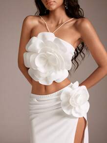 TRNVIE Personalized 3D Flower Versatile Sleeveless Slit Vacation Women 2pcs Set, Spring/Summer - White - View 1