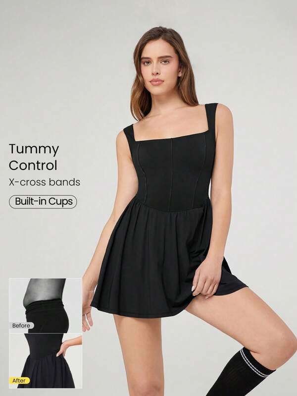 GLOWMODE Quick-Dry Game On Sweat-Wicking Peekaboo Full Underarm Corset Dress With Built-In Shorts Side Pockets Non-Slip Grips Low Impact Tennis Golf Pickleball Daily Wear Removable Cups