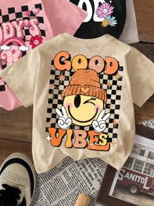 SHEIN Leap Crew 3pcs/Set Tween Girls' Casual Plaid Smiling Face Graphic T-Shirts In Black, Pink, Khaki, Cute Cartoon Pattern, Summer - Multicolor - View 6