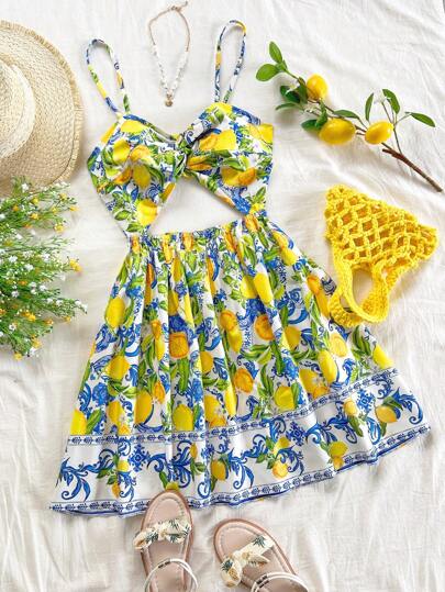 Soleia Bohemian  ,Boho, Romantic Floral ,Vacation, Floral  4th Of July Clothes  Rave Outfits White Graduation Dress Party Dress Graduation Outfit 4th Of July Dress  Butter Yellow 4th Of July Festival Concert Vacation Dress Young Women's Vacation Fruit Print Spaghetti Strap Hollow Out Twist Knot Woven Dress, Suitable For Music Festival, Beach, Shopping, Easter, Vacation Style, Casual Style, Bohemian Style, Western Style, Music Festival, Countryside Style, Brunch, Beach, Airport Outfit, Loose, Off-Shoulder, Sundress, Graduation Season, Women's Vacation Wear, Spaghetti Strap Dress, Wedding Attire